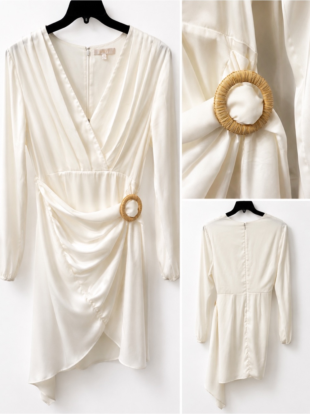 Elegant Cream Wrap-Style Long Sleeve Dress Model showing similar fit and style.